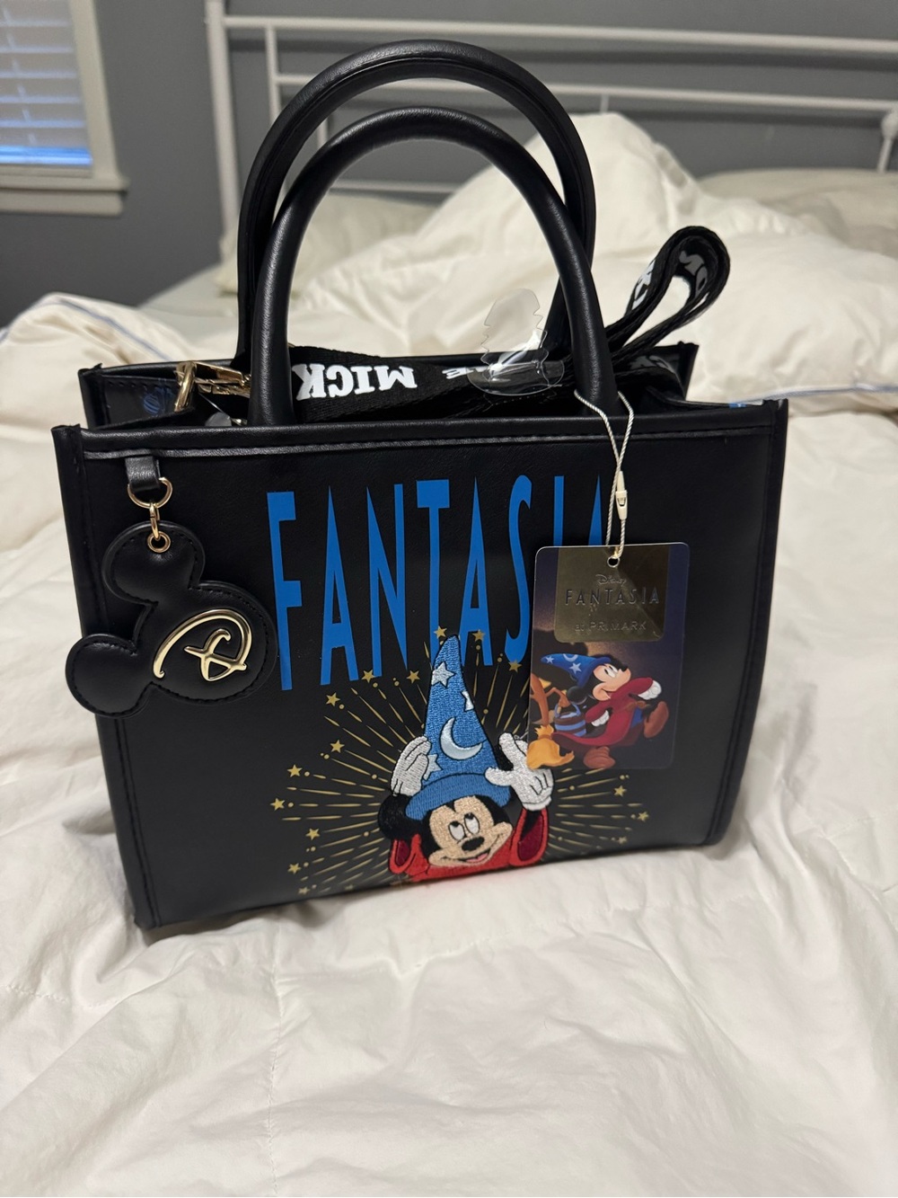 Disney Black Fantasia Mickey Satchel with Blue Lettering